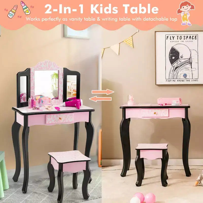 Costway Coiffeuse pour enfant avec tabouret, miroir triptyque et imprimé léopard rose