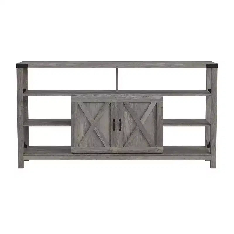 Meuble console média Emma et Oliver de style rustique moderne avec un grand espace de rangement ouvert et fermé
