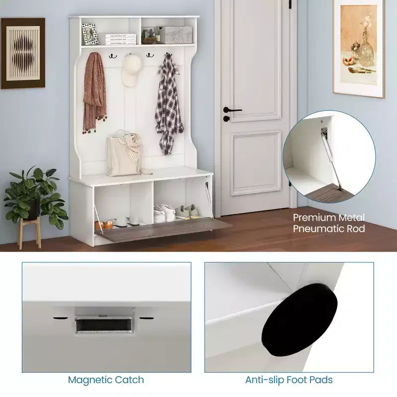 Portemanteau d'entrée Costway 63 pouces avec banc de rangement et portemanteau multifonctionnel Noir/Blanc