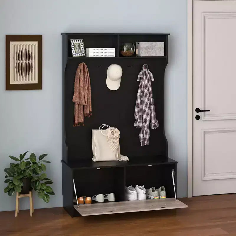 Portemanteau d'entrée Costway 63 pouces avec banc de rangement et portemanteau multifonctionnel Noir/Blanc