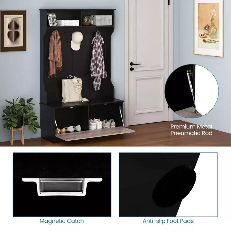 Portemanteau d'entrée Costway 63 pouces avec banc de rangement et portemanteau multifonctionnel Noir/Blanc