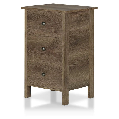 Table de chevet à 3 tiroirs, finition noyer vieilli rustique, bois composite, table d'appoint de chambre