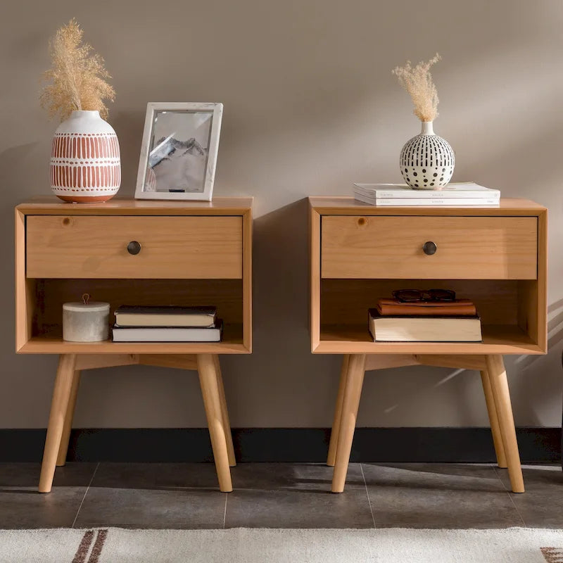 Lot de 2 tables de chevet en bois massif de style Mid-Century avec 1 tiroir