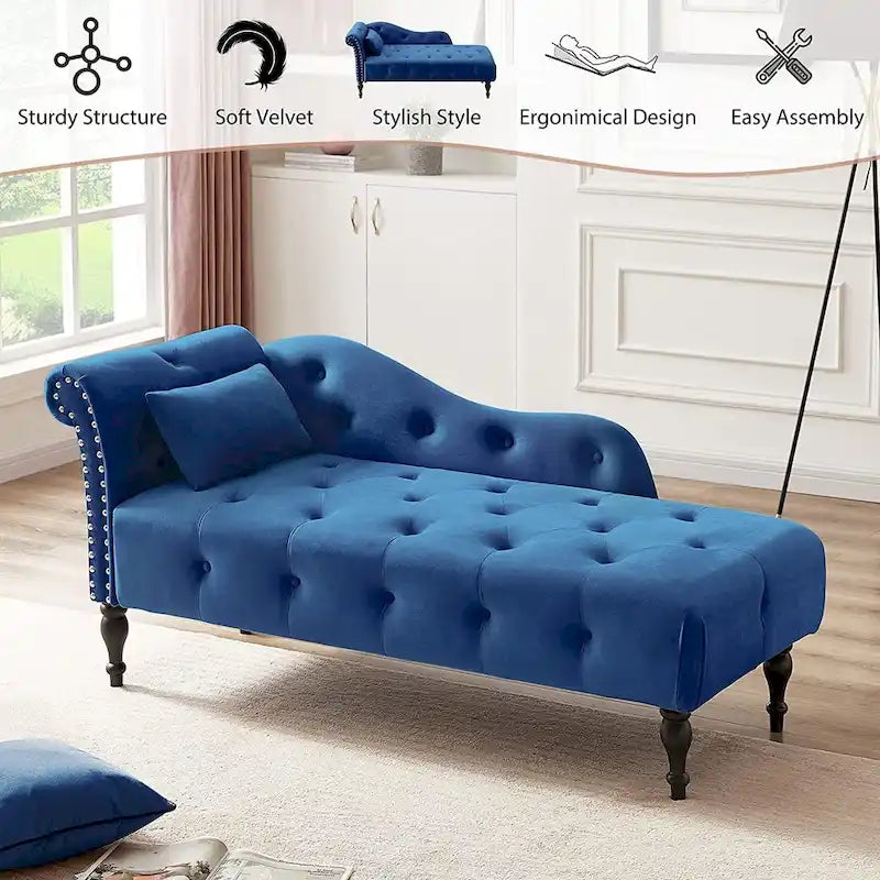Chaise longue en velours 61 po avec 1 oreiller et garniture cloutée