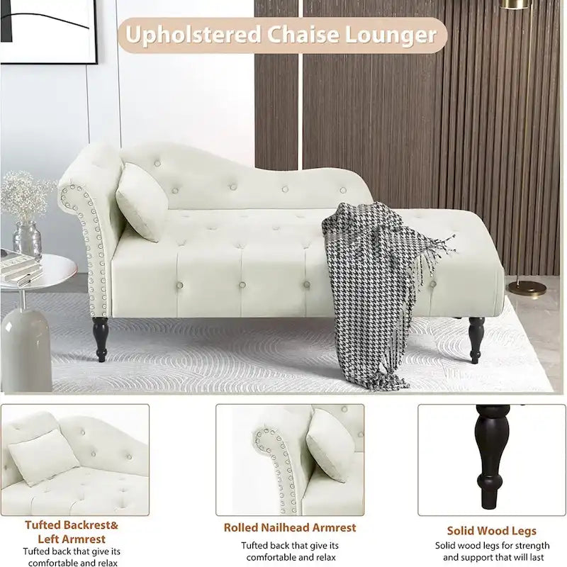 Chaise longue en velours 61 po avec 1 oreiller et garniture cloutée