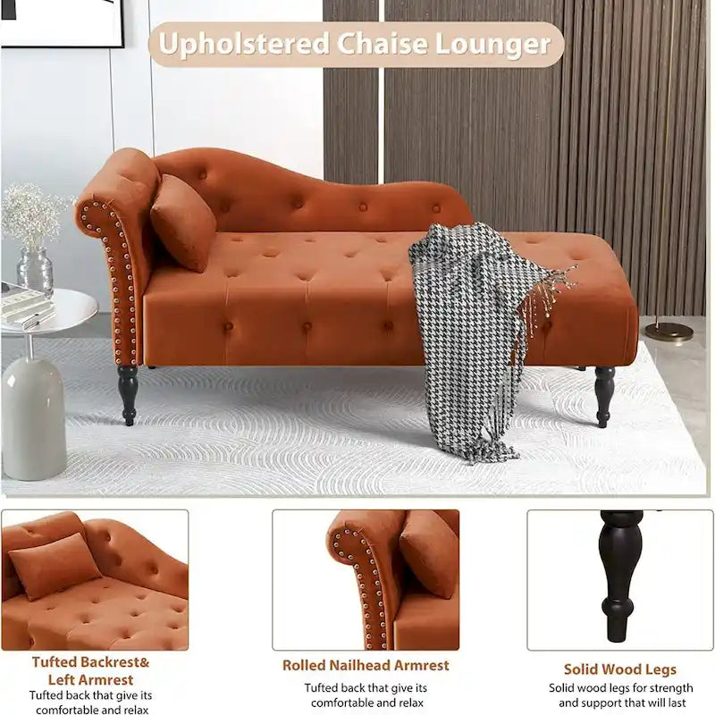 Chaise longue en velours 61 po avec 1 oreiller et garniture cloutée