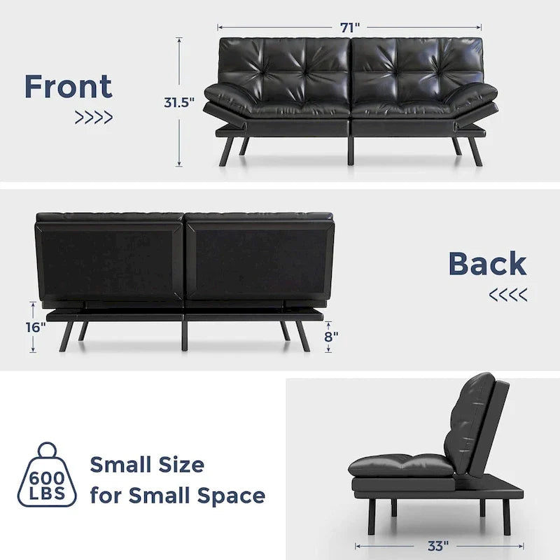 Canapé-lit futon, canapé convertible pliable en mousse à mémoire de forme avec accoudoirs réglables pour petits espaces