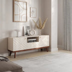 Meuble TV console beige, convient aux téléviseurs jusqu'à 65 pouces, 1 tiroir + 3 portes d'armoire, style Mid-Century