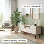Meuble TV console beige, convient aux téléviseurs jusqu'à 65 pouces, 1 tiroir + 3 portes d'armoire, style Mid-Century