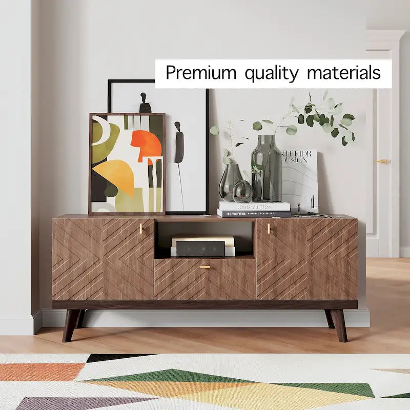 Meuble TV console beige, convient aux téléviseurs jusqu'à 65 pouces, 1 tiroir + 3 portes d'armoire, style Mid-Century