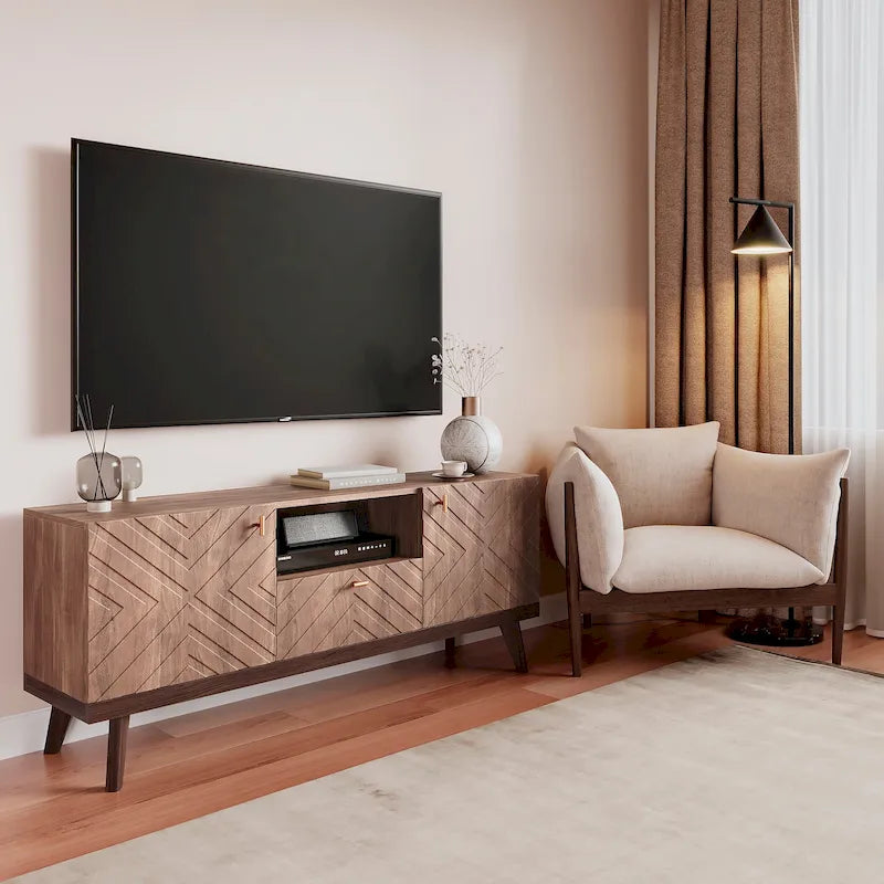 Meuble TV console beige, convient aux téléviseurs jusqu'à 65 pouces, 1 tiroir + 3 portes d'armoire, style Mid-Century