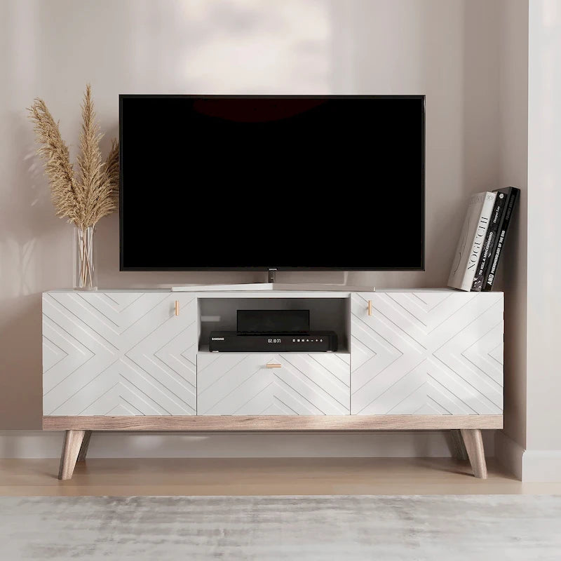 Meuble TV console beige, convient aux téléviseurs jusqu'à 65 pouces, 1 tiroir + 3 portes d'armoire, style Mid-Century