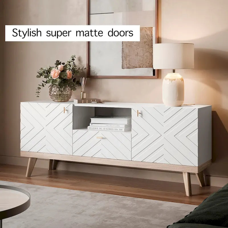 Meuble TV console beige, convient aux téléviseurs jusqu'à 65 pouces, 1 tiroir + 3 portes d'armoire, style Mid-Century