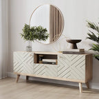 Meuble TV console beige, convient aux téléviseurs jusqu'à 65 pouces, 1 tiroir + 3 portes d'armoire, style Mid-Century