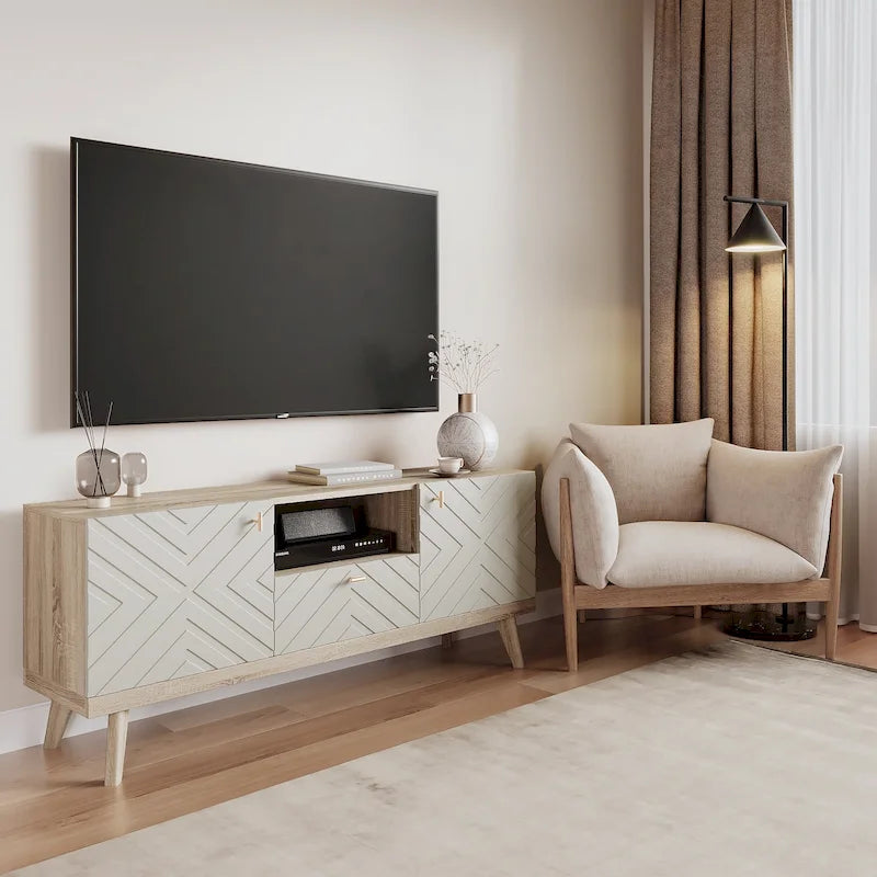 Meuble TV console beige, convient aux téléviseurs jusqu'à 65 pouces, 1 tiroir + 3 portes d'armoire, style Mid-Century