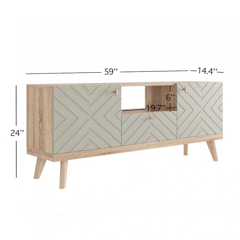 Meuble TV console beige, convient aux téléviseurs jusqu'à 65 pouces, 1 tiroir + 3 portes d'armoire, style Mid-Century