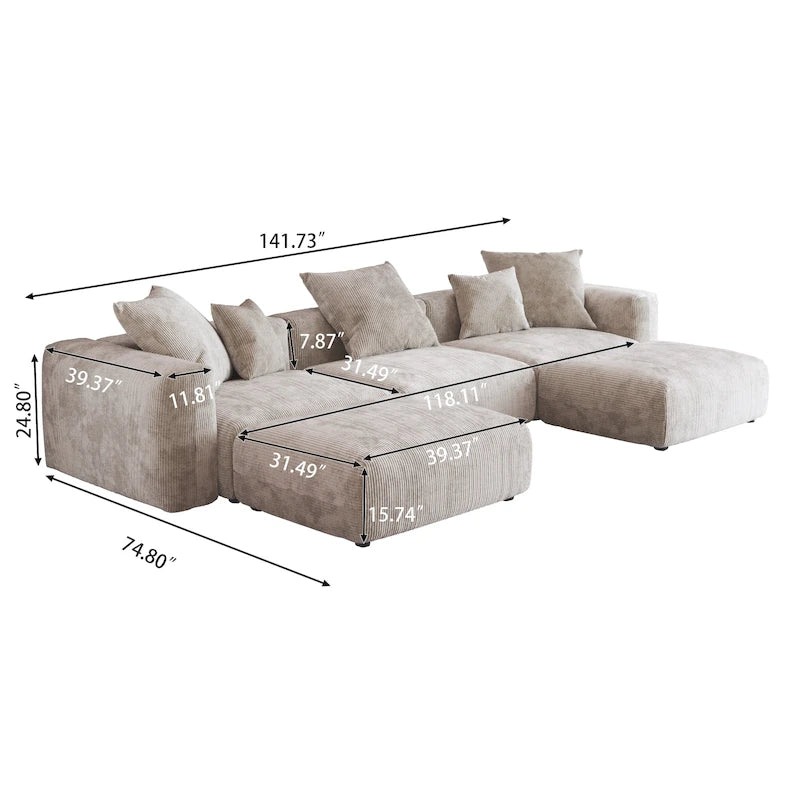 Canapé d'angle modulable 141,73 po, en velours côtelé en forme de U avec ottomans