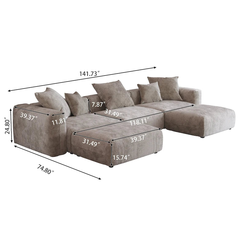 Canapé d'angle modulable 141,73 po, en velours côtelé en forme de U avec ottomans