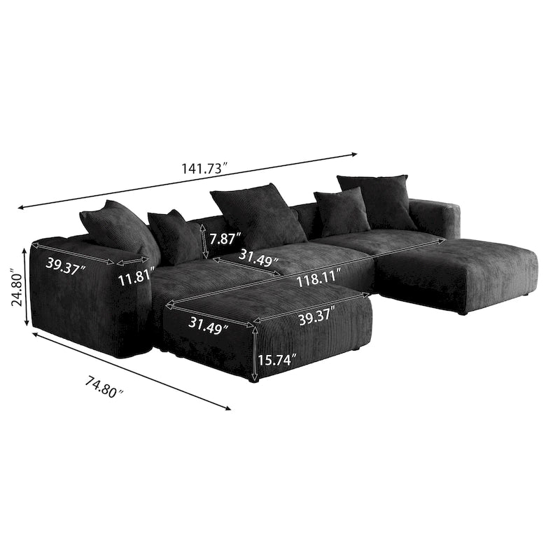 Canapé d'angle modulable 141,73 po, en velours côtelé en forme de U avec ottomans