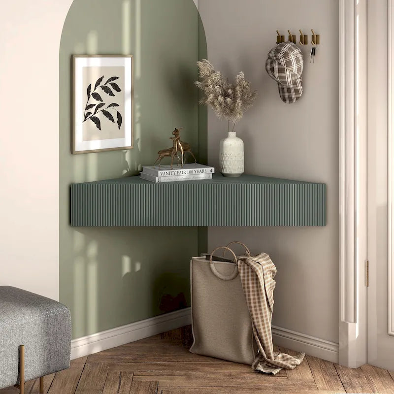 Meuble TV d'angle flottant de 47", 3 étagères, style transitionnel, support mural peu encombrant