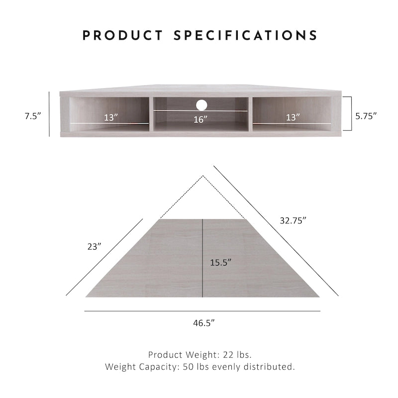 Meuble TV d'angle flottant de 47", 3 étagères, style transitionnel, support mural peu encombrant