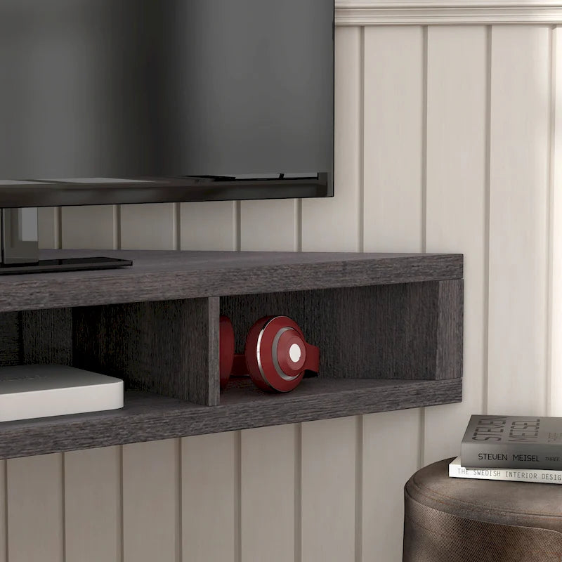 Meuble TV d'angle flottant de 47", 3 étagères, style transitionnel, support mural peu encombrant