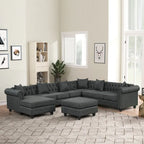 Canapé d'angle Chesterfield avec pouf et 6 oreillers, canapé en forme de U en tissu de lin avec méridienne et pieds en bois d'hévéa pour le salon