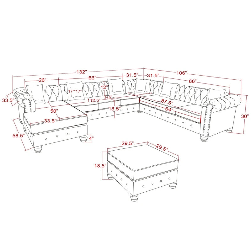 Canapé d'angle Chesterfield avec pouf et 6 oreillers, canapé en forme de U en tissu de lin avec méridienne et pieds en bois d'hévéa pour le salon