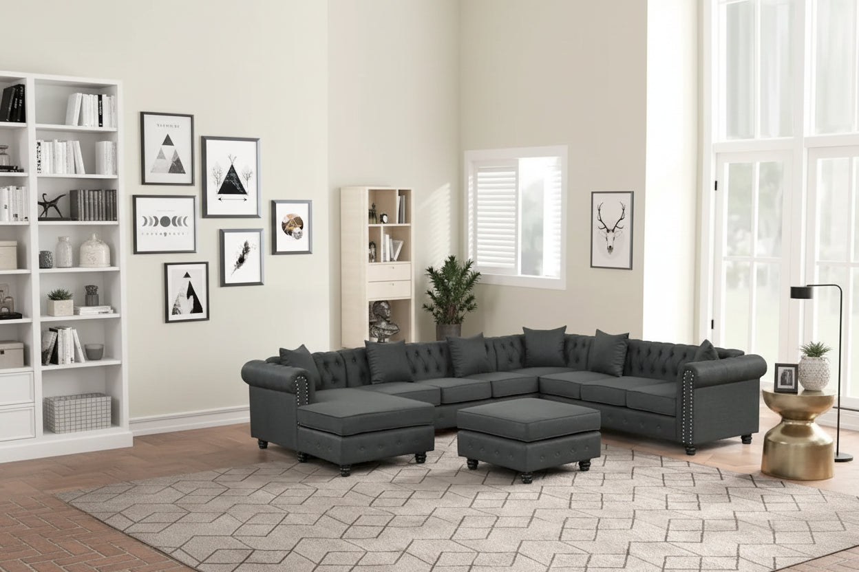Canapé d'angle Chesterfield avec pouf et 6 oreillers, canapé en forme de U en tissu de lin avec méridienne et pieds en bois d'hévéa pour le salon