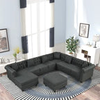Canapé d'angle Chesterfield avec pouf et 6 oreillers, canapé en forme de U en tissu de lin avec méridienne et pieds en bois d'hévéa pour le salon