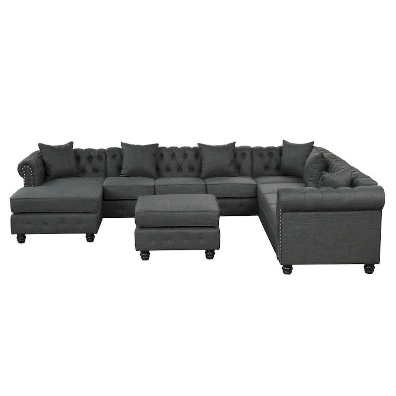 Canapé d'angle Chesterfield avec pouf et 6 oreillers, canapé en forme de U en tissu de lin avec méridienne et pieds en bois d'hévéa pour le salon