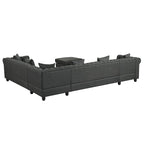 Canapé d'angle Chesterfield avec pouf et 6 oreillers, canapé en forme de U en tissu de lin avec méridienne et pieds en bois d'hévéa pour le salon
