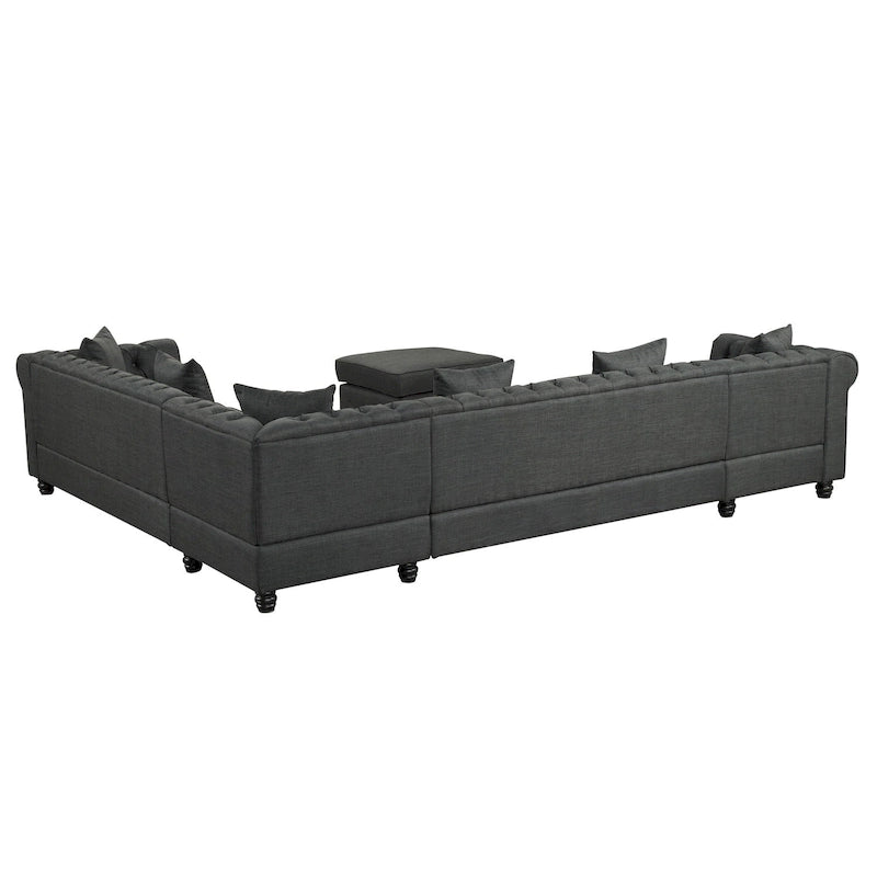 Canapé d'angle Chesterfield avec pouf et 6 oreillers, canapé en forme de U en tissu de lin avec méridienne et pieds en bois d'hévéa pour le salon