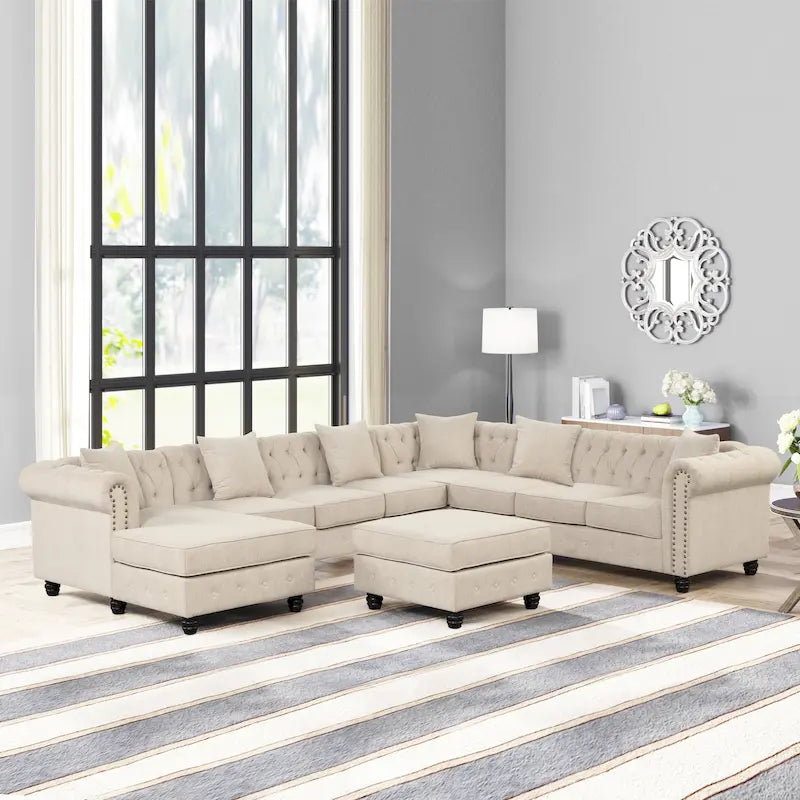 Canapé d'angle Chesterfield avec pouf et 6 oreillers, canapé en forme de U en tissu de lin avec méridienne et pieds en bois d'hévéa pour le salon