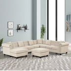 Canapé d'angle Chesterfield avec pouf et 6 oreillers, canapé en forme de U en tissu de lin avec méridienne et pieds en bois d'hévéa pour le salon