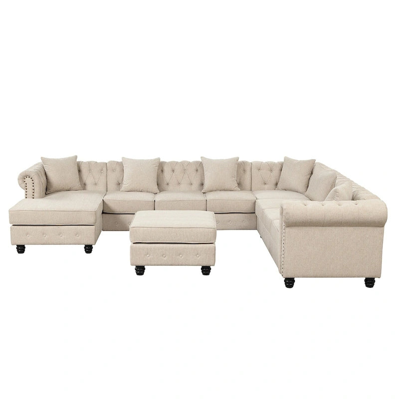 Canapé d'angle Chesterfield avec pouf et 6 oreillers, canapé en forme de U en tissu de lin avec méridienne et pieds en bois d'hévéa pour le salon