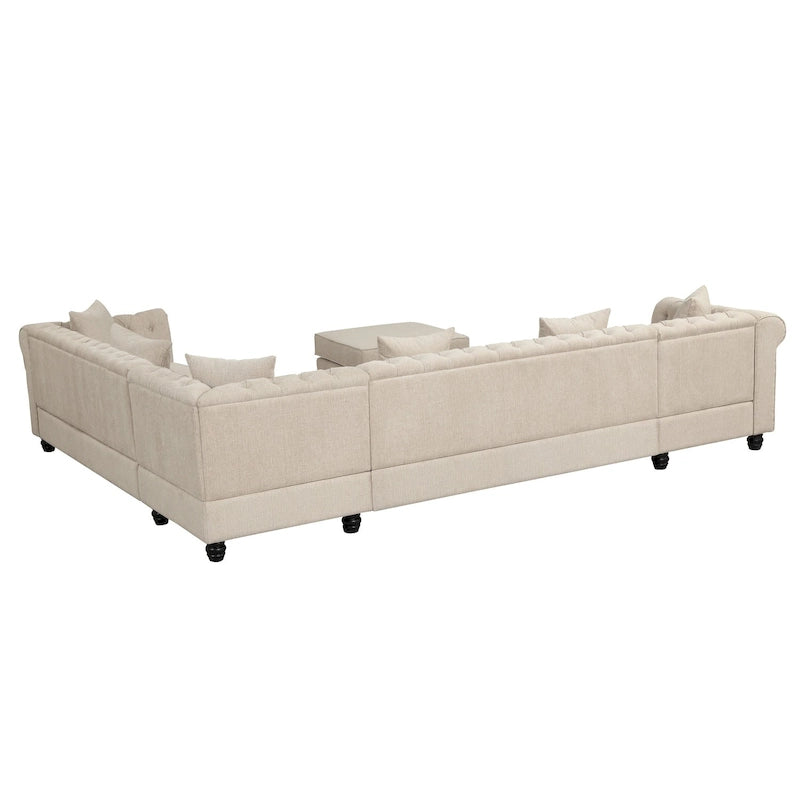 Canapé d'angle Chesterfield avec pouf et 6 oreillers, canapé en forme de U en tissu de lin avec méridienne et pieds en bois d'hévéa pour le salon