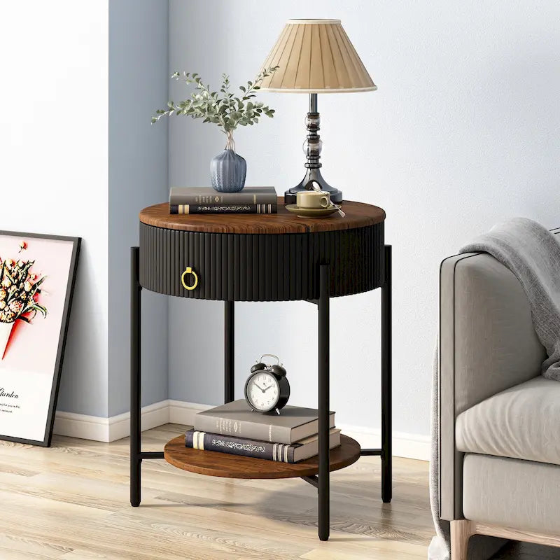 Table d'appoint ronde avec tiroir de rangement, pieds en métal, table de chevet moderne pour chambre et salon