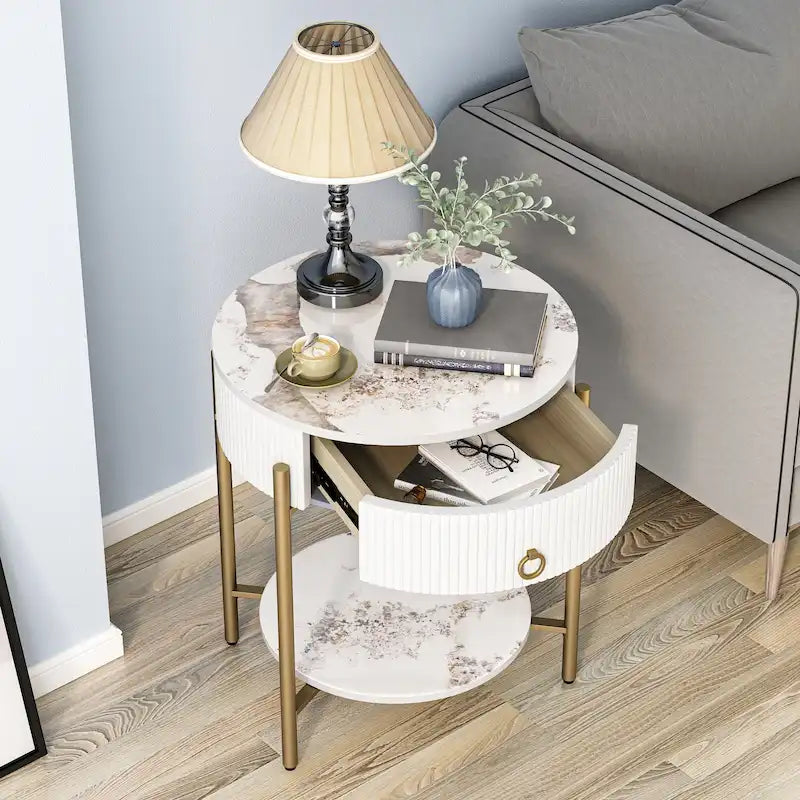 Table d'appoint ronde avec tiroir de rangement, pieds en métal, table de chevet moderne pour chambre et salon