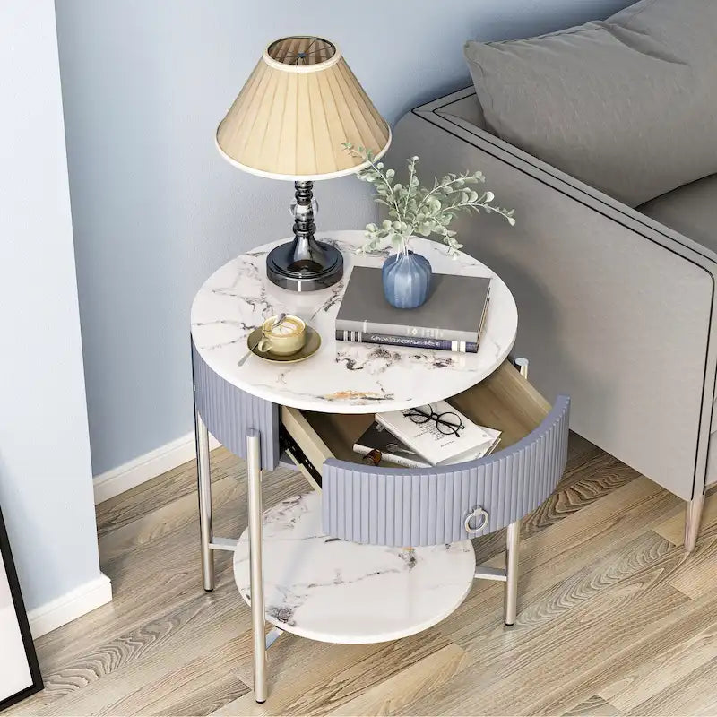 Table d'appoint ronde avec tiroir de rangement, pieds en métal, table de chevet moderne pour chambre et salon