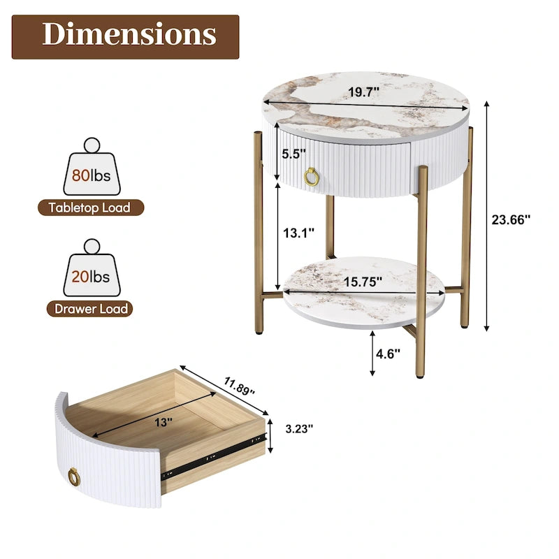 Table d'appoint ronde avec tiroir de rangement, pieds en métal, table de chevet moderne pour chambre et salon
