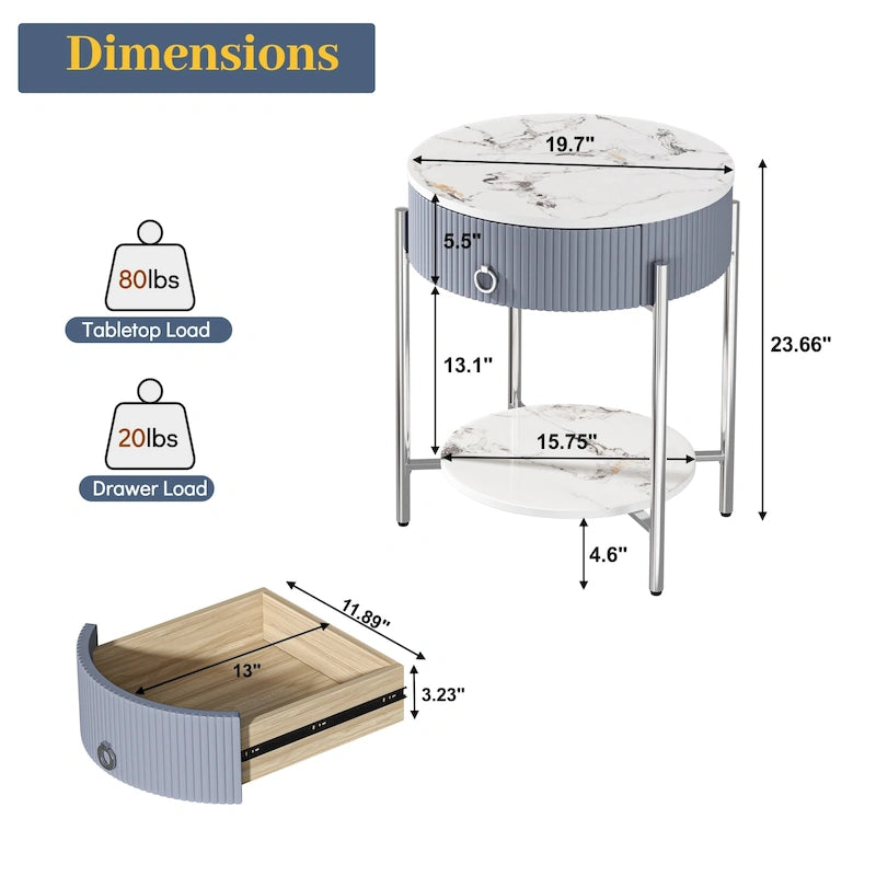 Table d'appoint ronde avec tiroir de rangement, pieds en métal, table de chevet moderne pour chambre et salon