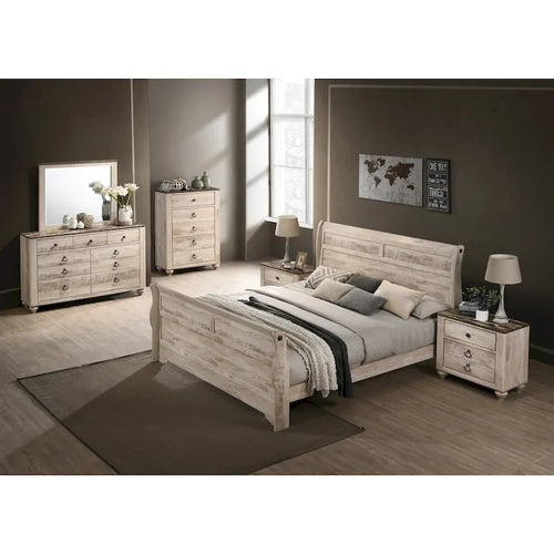 Ensemble de chambre à coucher 5 pièces, finition blanc lavé, lit traîneau + commode + miroir + 2 tables de chevet + chiffonnier