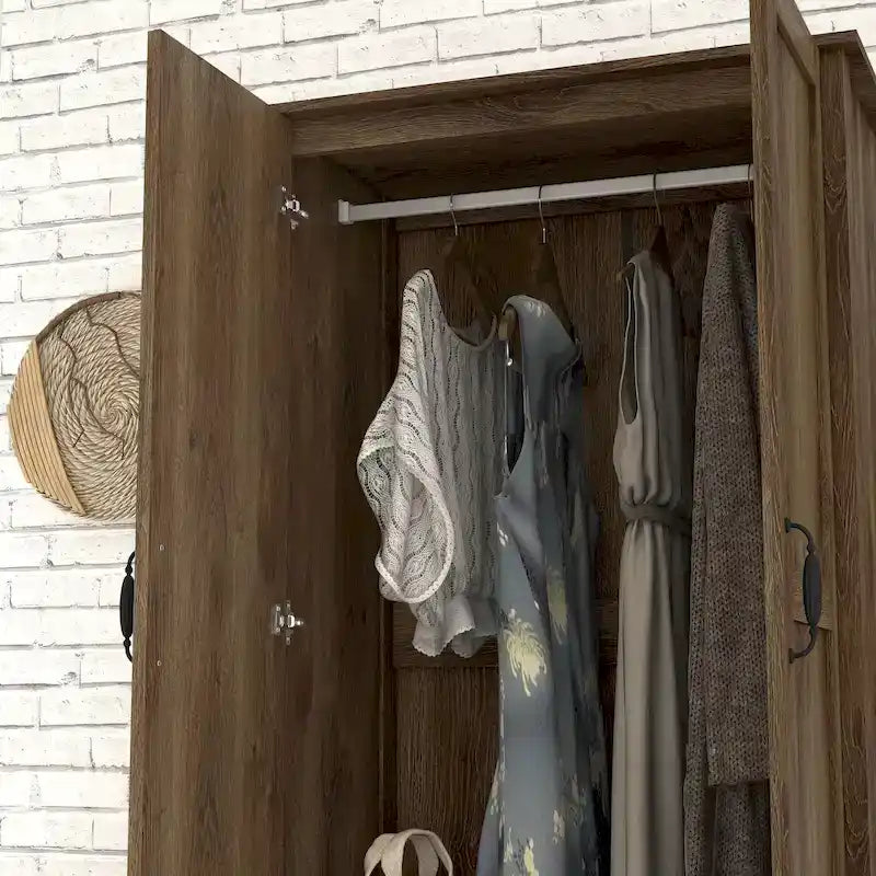 Armoire penderie rustique en noyer vieilli, doubles portes + 1 tiroir, tringle à vêtements, minimaliste