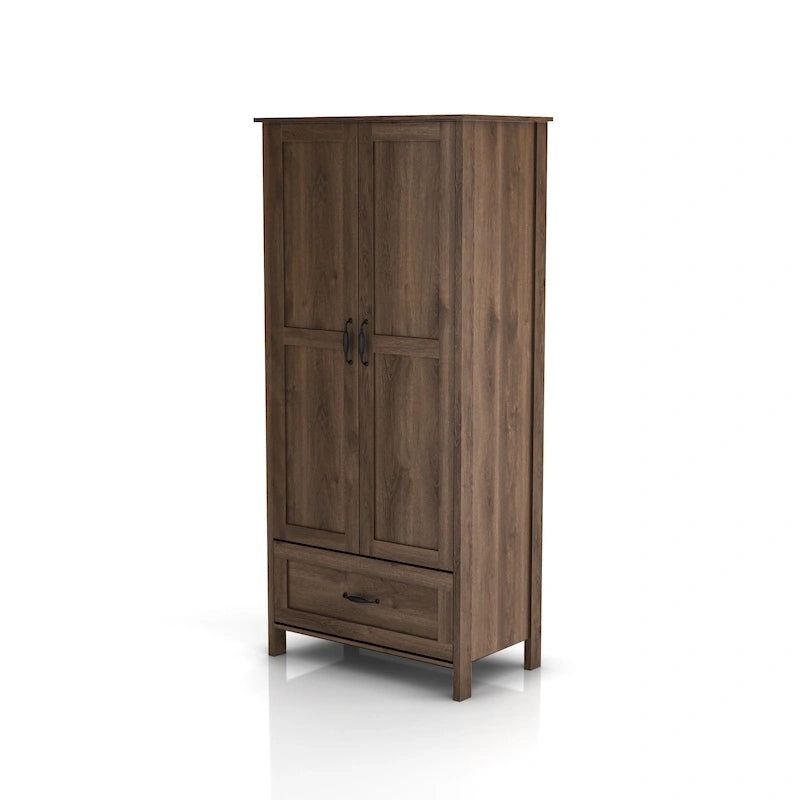 Armoire penderie rustique en noyer vieilli, doubles portes + 1 tiroir, tringle à vêtements, minimaliste