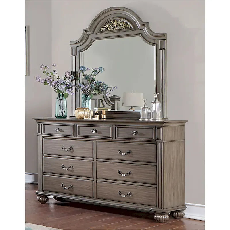Chambre à coucher 5 pièces style classique en bois gris, ensemble traditionnel