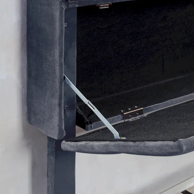 Lit de rangement capitonné gris avec ports de chargement USB, lit plateforme, chambre moderne