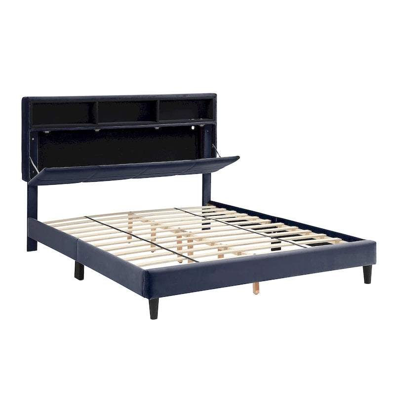 Lit de rangement capitonné gris avec ports de chargement USB, lit plateforme, chambre moderne