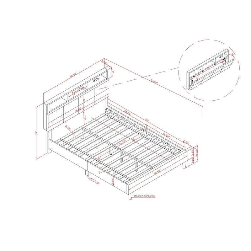 Lit de rangement capitonné gris avec ports de chargement USB, lit plateforme, chambre moderne