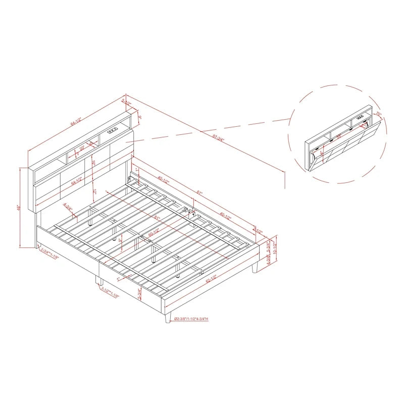 Lit de rangement capitonné gris avec ports de chargement USB, lit plateforme, chambre moderne